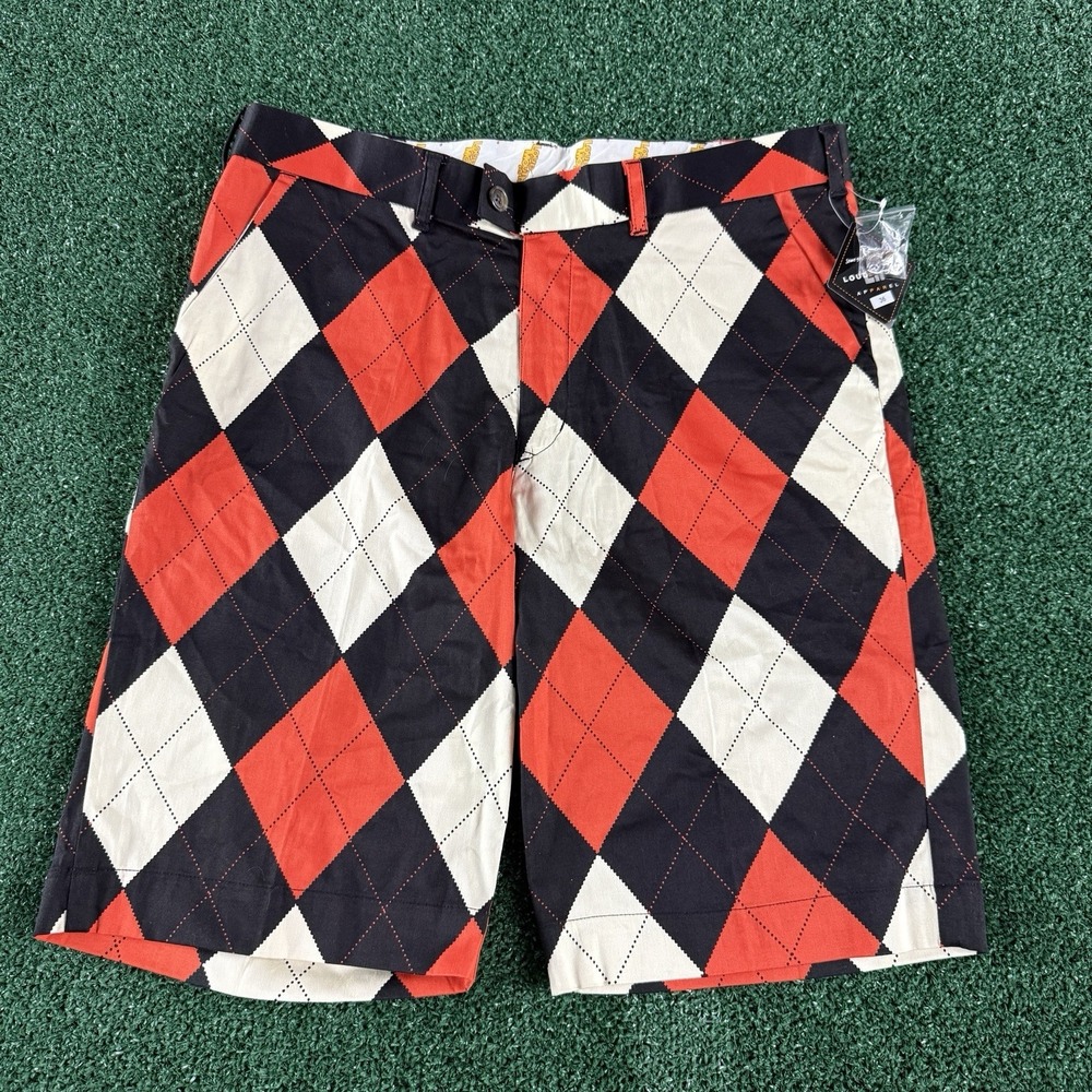 New Loudmouth Golf Men's Shorts Size 36 Black Orange Argyle Diamonds